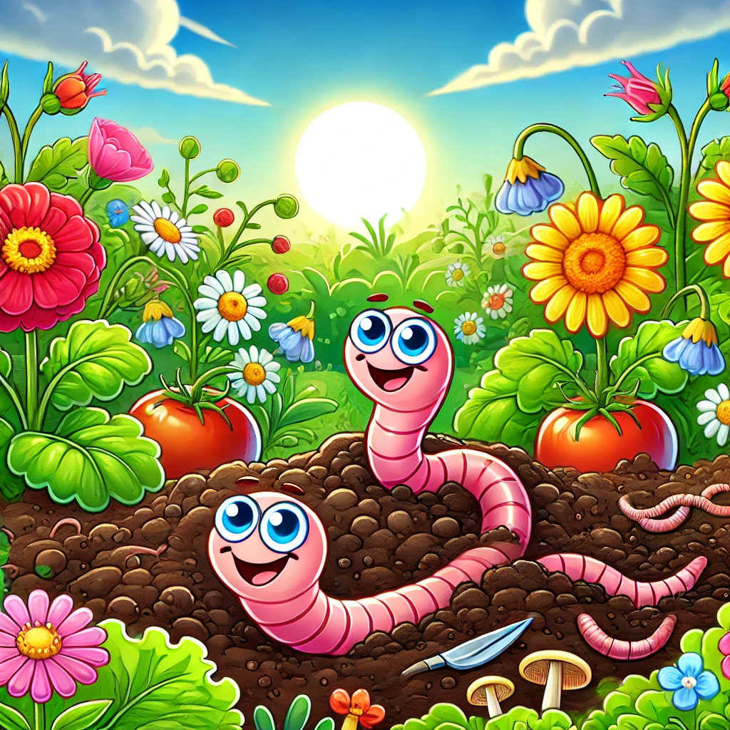 Vibrant garden with thriving flowers and vegetables growing in rich vermicompost, featuring cheerful cartoon-style earthworms peeking out of the soil.